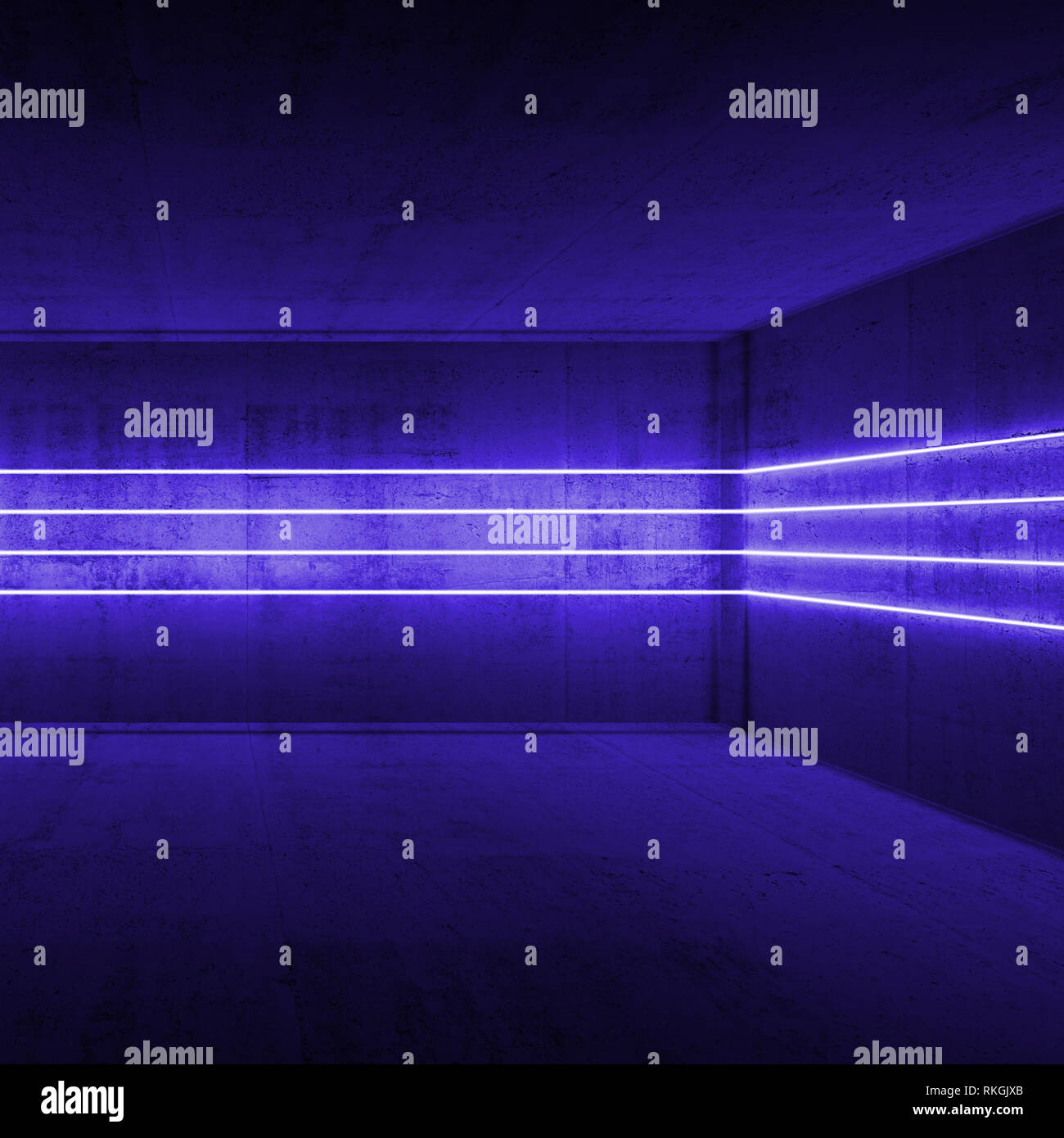 Corner of dark concrete interior with purple neon light lines, 3d