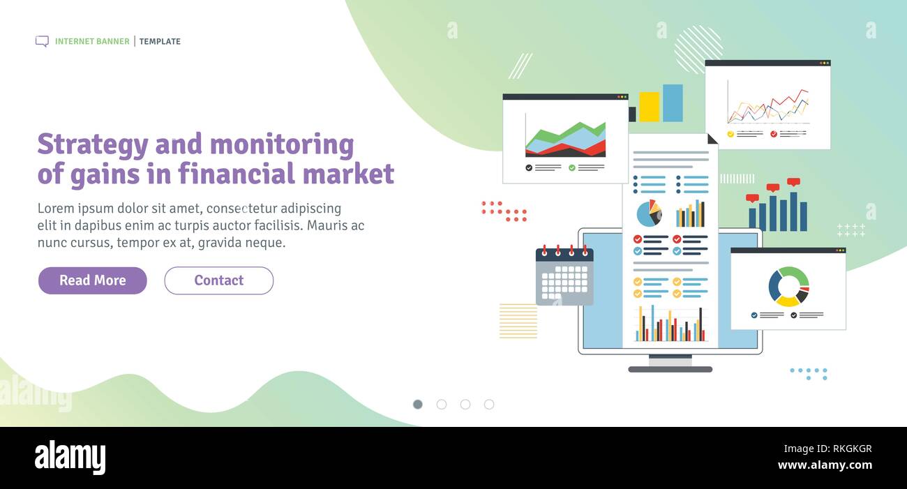 Strategy and monitoring  of gains in financial market.  Chart or diagram in application for monitoring with growth report. Template in flat design for Stock Vector