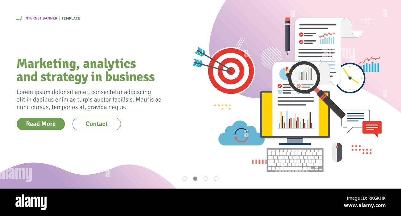 Marketing, analytics and strategy in business. Data analysis, digital marketing and business marketing. Template in flat design for web banner or info Stock Vector