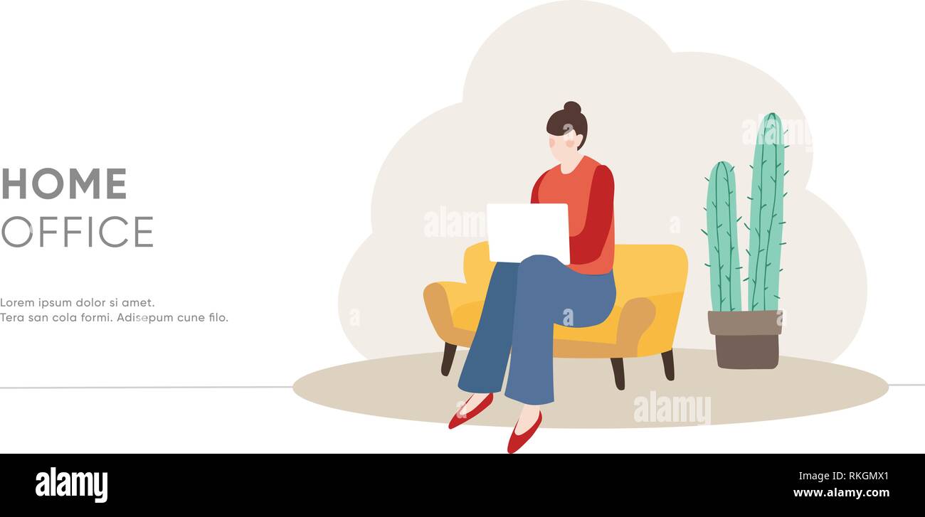 Young woman sitting on sofa and working on laptop at home. Home office ...