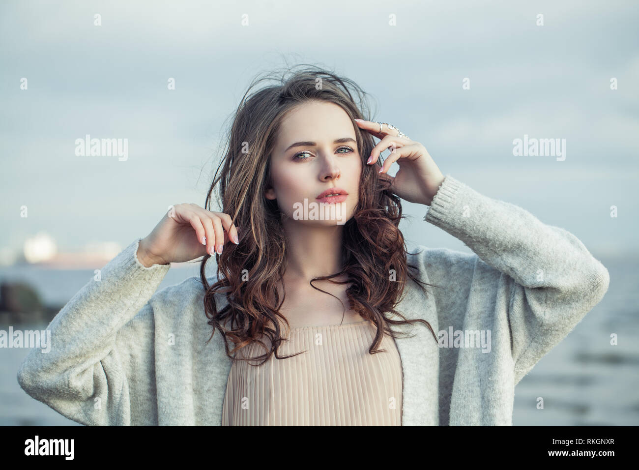 Fashion model woman enjoying outdoors, romantic portrait Stock Photo ...