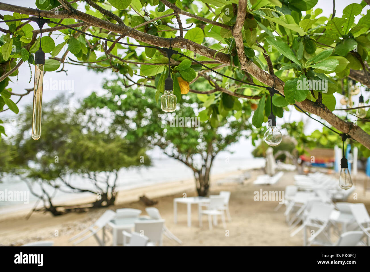 Outdoor cafe with white tables and chairs on the sand beach between tropical green trees on the blurred sea background. Different filament bulbs are h Stock Photo