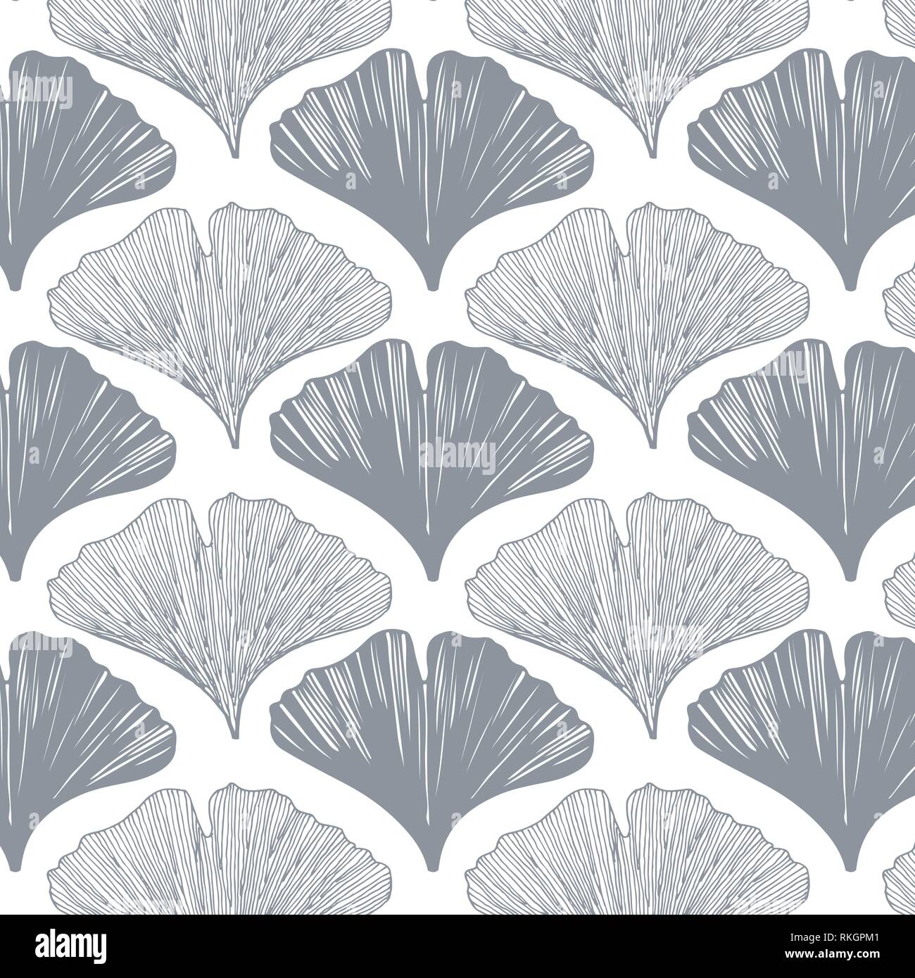 Hand drawn ginkgo leaves vector pattern in gray colors palette on a white background Stock Vector