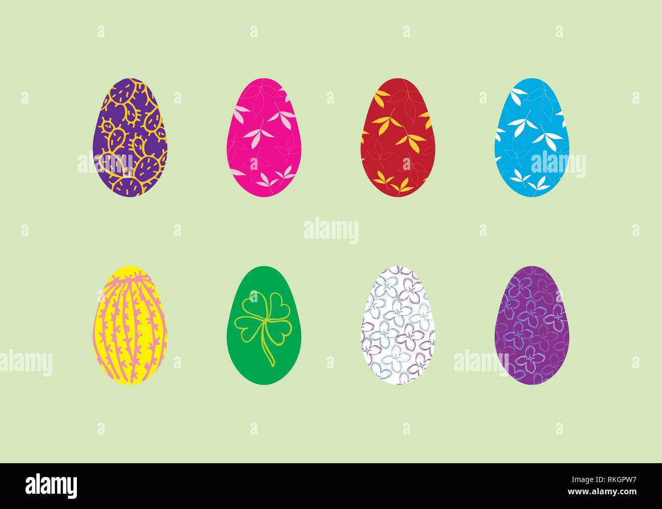Easter eggs set with floral illustration, leaves and cactus, vector ...