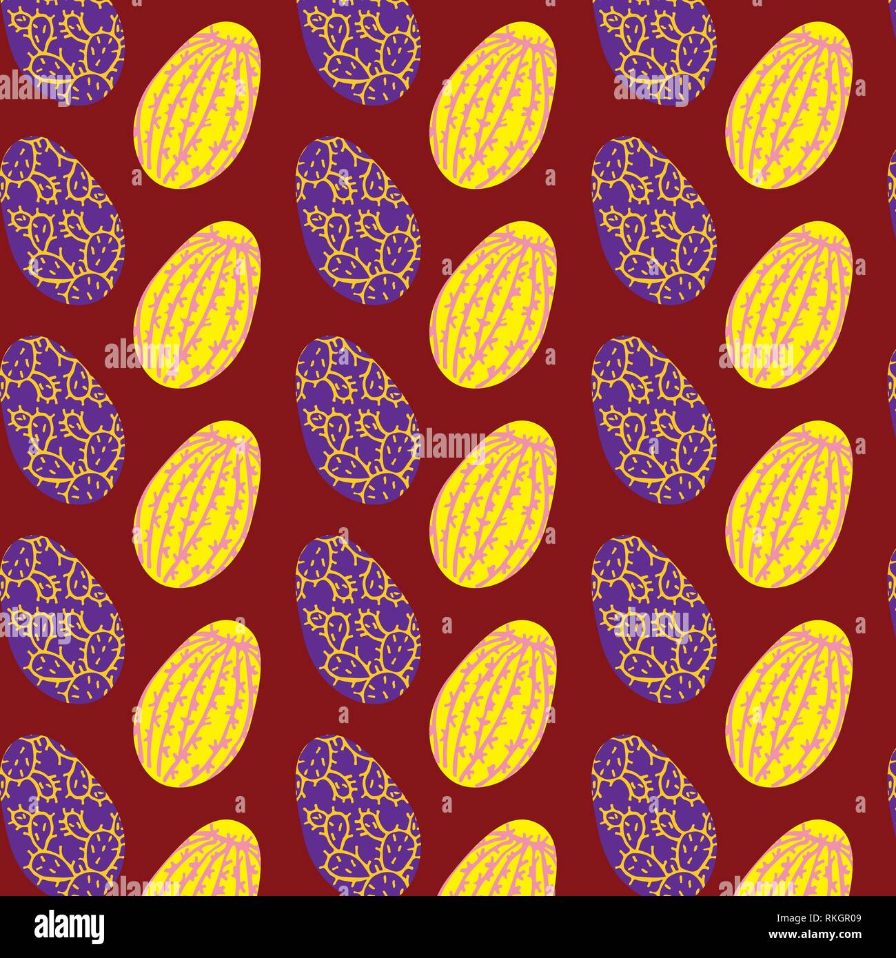 Easter eggs set cactus vector pattern template on red background Stock Vector