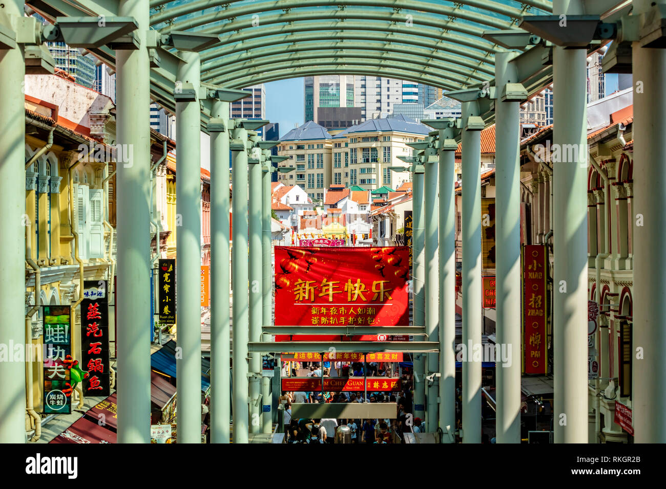 Singapore / Singapore - February 10 2019: Chinatown tourism district Chinese Lunar New Year colourful festive street decorations during the day Stock Photo