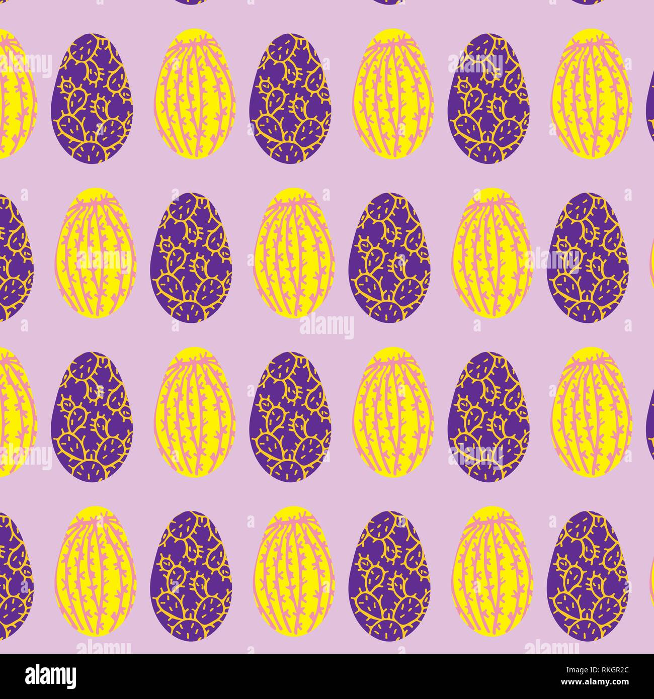 Easter eggs set cactus vector pattern template on violet background Stock Vector