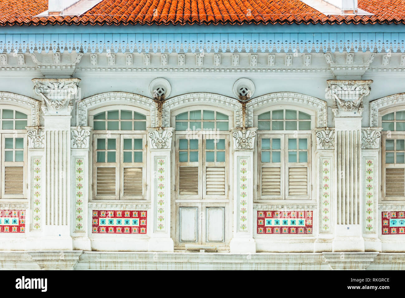 Singapore Little India conservation district, transitional Art Deco shophouse near Jalan Besar, zoom in close up details of architectural facade Stock Photo