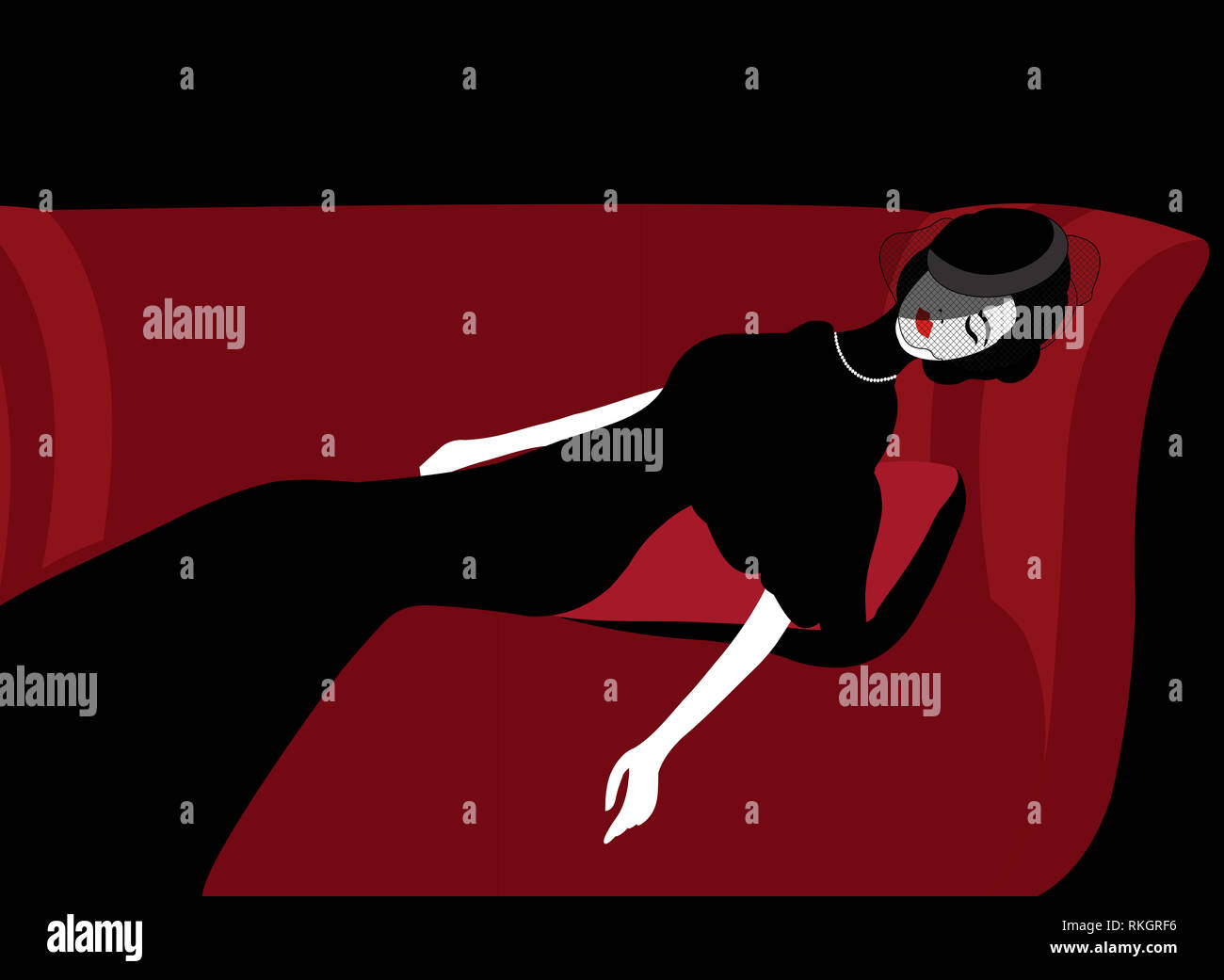 illustration of a widow sleeping on a red sofa Stock Photo