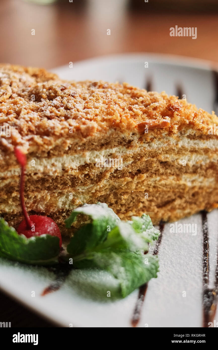 a piece of poured honey cake with chocolate topping on a plate, side view, set. Stock Photo