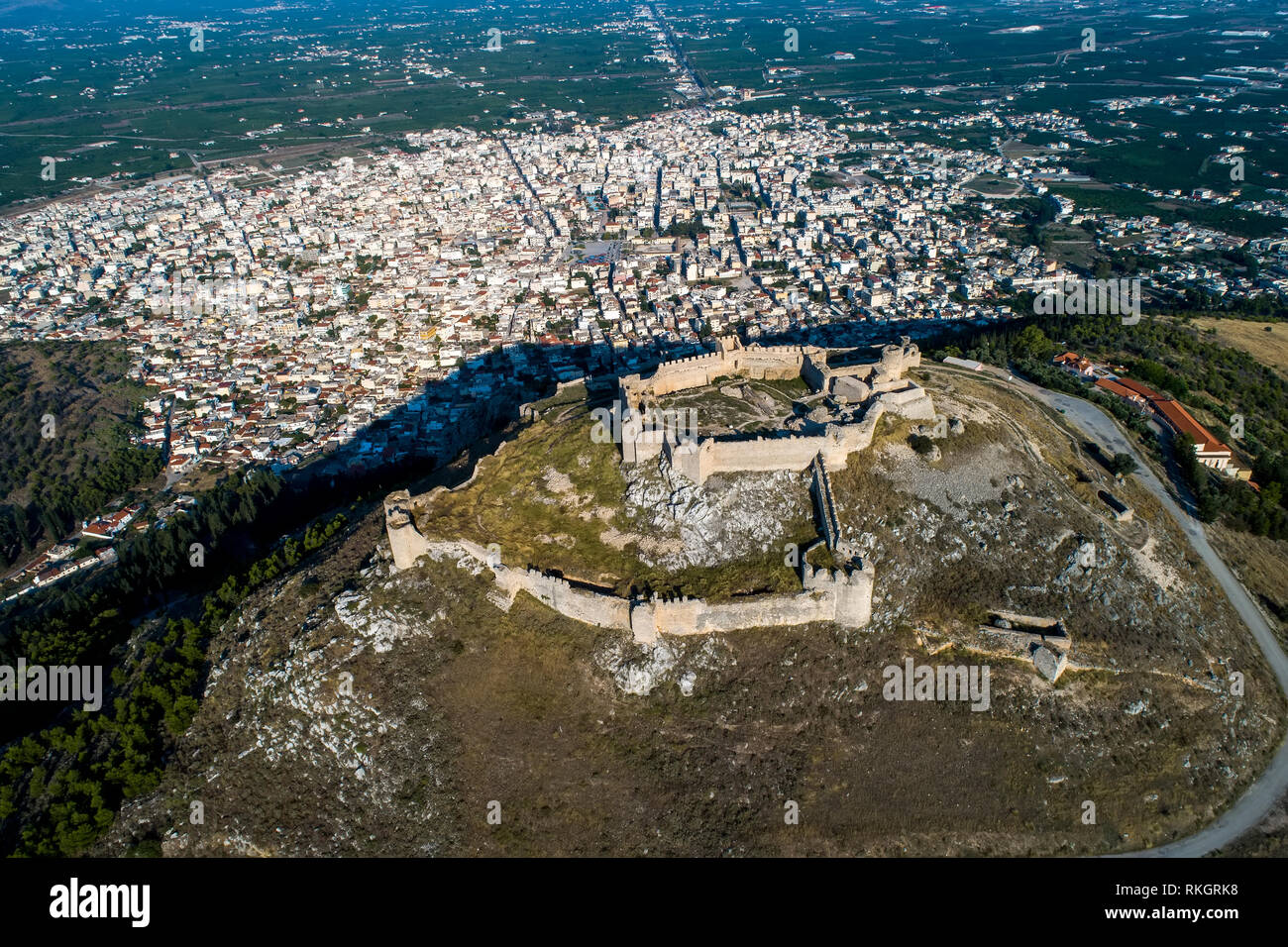 aerial view of Larisa castle in Argos city at Peloponnese peninsula