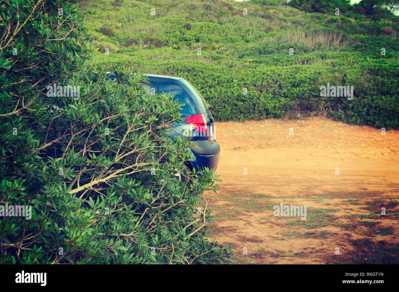 car hidden behind a bush Stock Photo