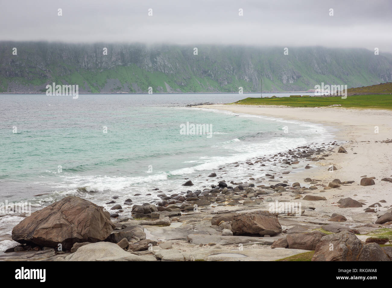 Overview of Uttakleiv Beach, a scenic beach near Leknes of the Lofoten Islands Stock Photo