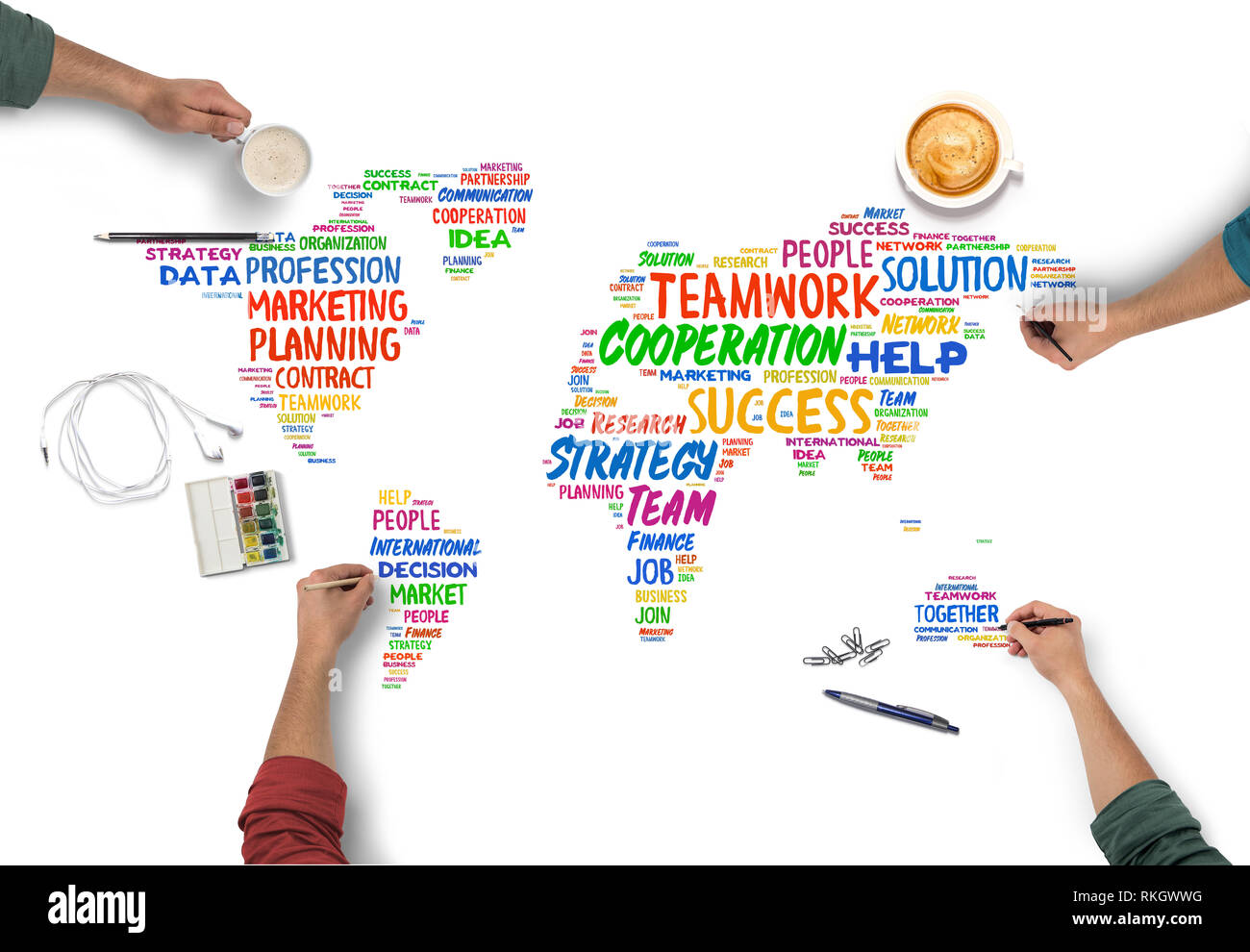 Business teamwork concept with many hands working together on a world ...