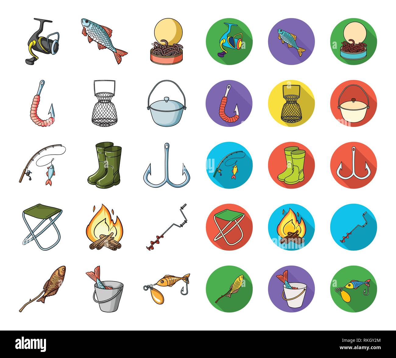 Fishing and rest cartoon,flat icons in set collection for design. Tackle for fishing vector symbol stock  illustration. Stock Vector