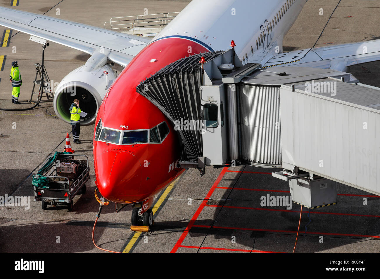 Duesseldorf, North Rhine-Westphalia, Germany - Norwegian Air Shuttle aircraft parked at Gate, Duesseldorf International Airport, DUS Duesseldorf, Nord Stock Photo