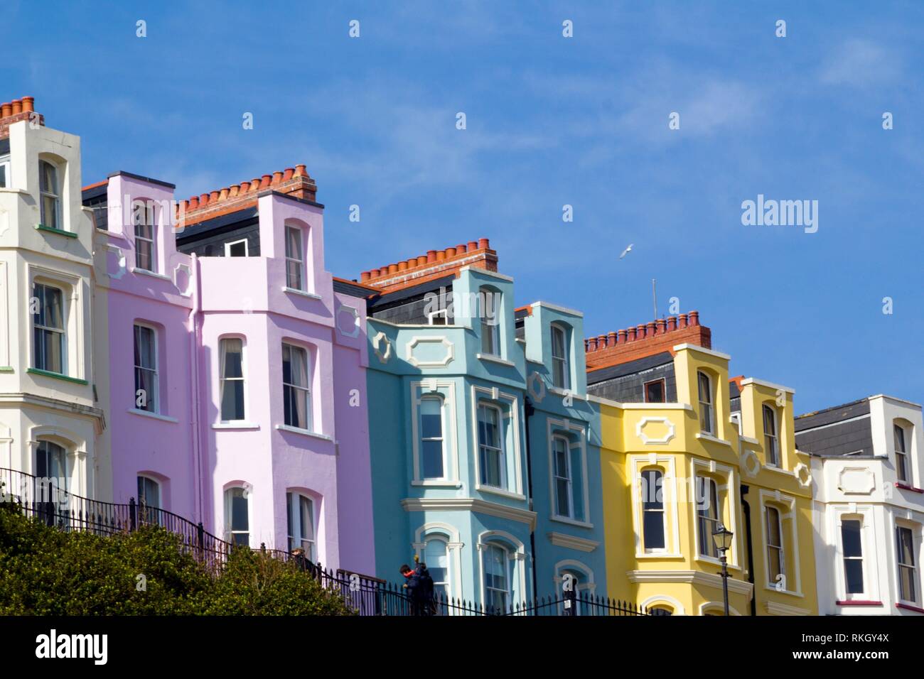 Vibrant pastel coloured guest houses on the cliff top at Tenby, Pembrokeshire, Wales, UK. Stock Photo
