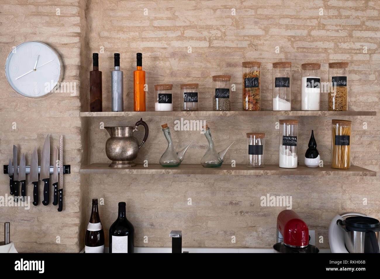 Kitchen bench shelves with various food ingredients Stock Photo Alamy