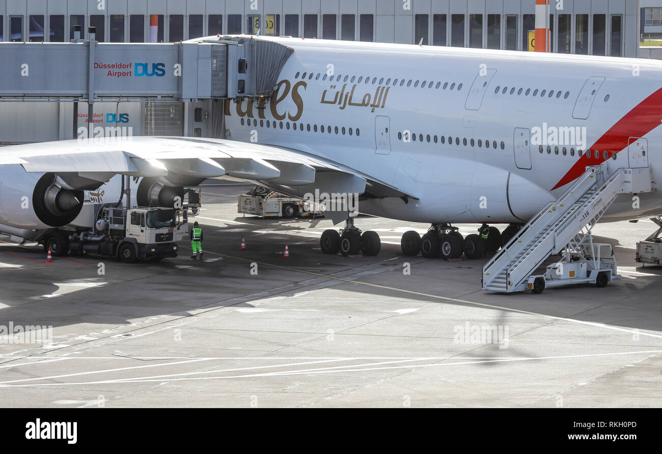 Duesseldorf, North Rhine-Westphalia, Germany - Emirates Airbus A380-800 aircraft parked at Gate, Duesseldorf International Airport, DUS Duesseldorf, N Stock Photo