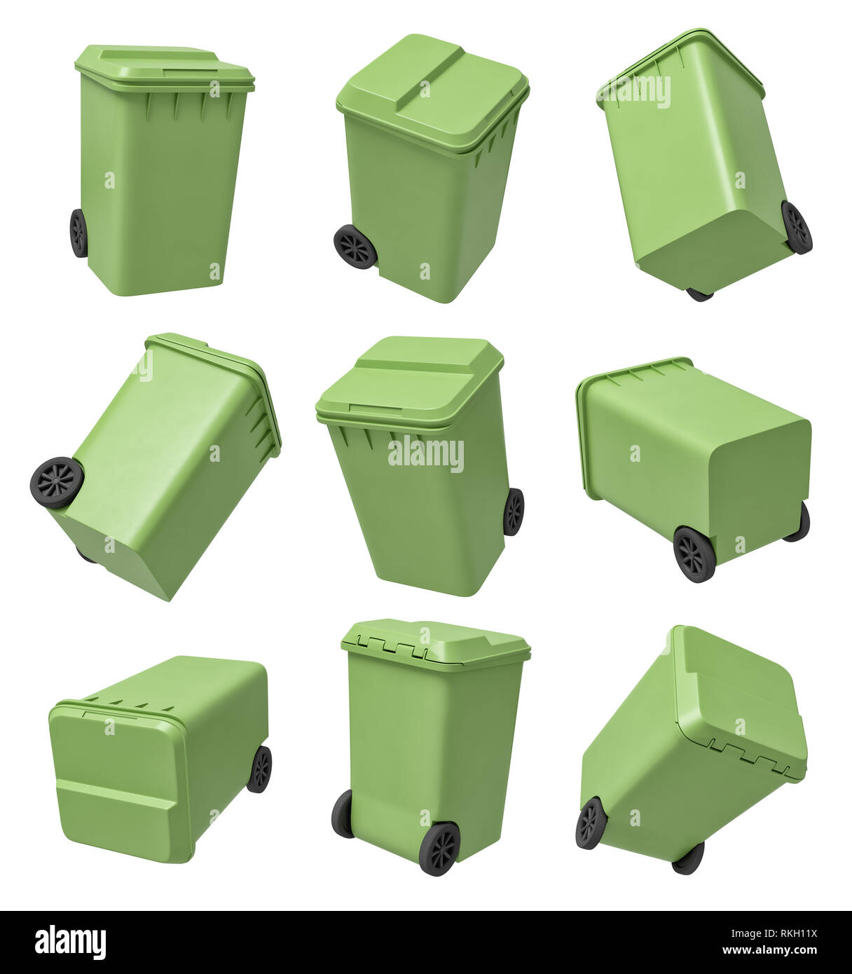 3d rendering of a set of nine lightgreen trash cans isolated on white