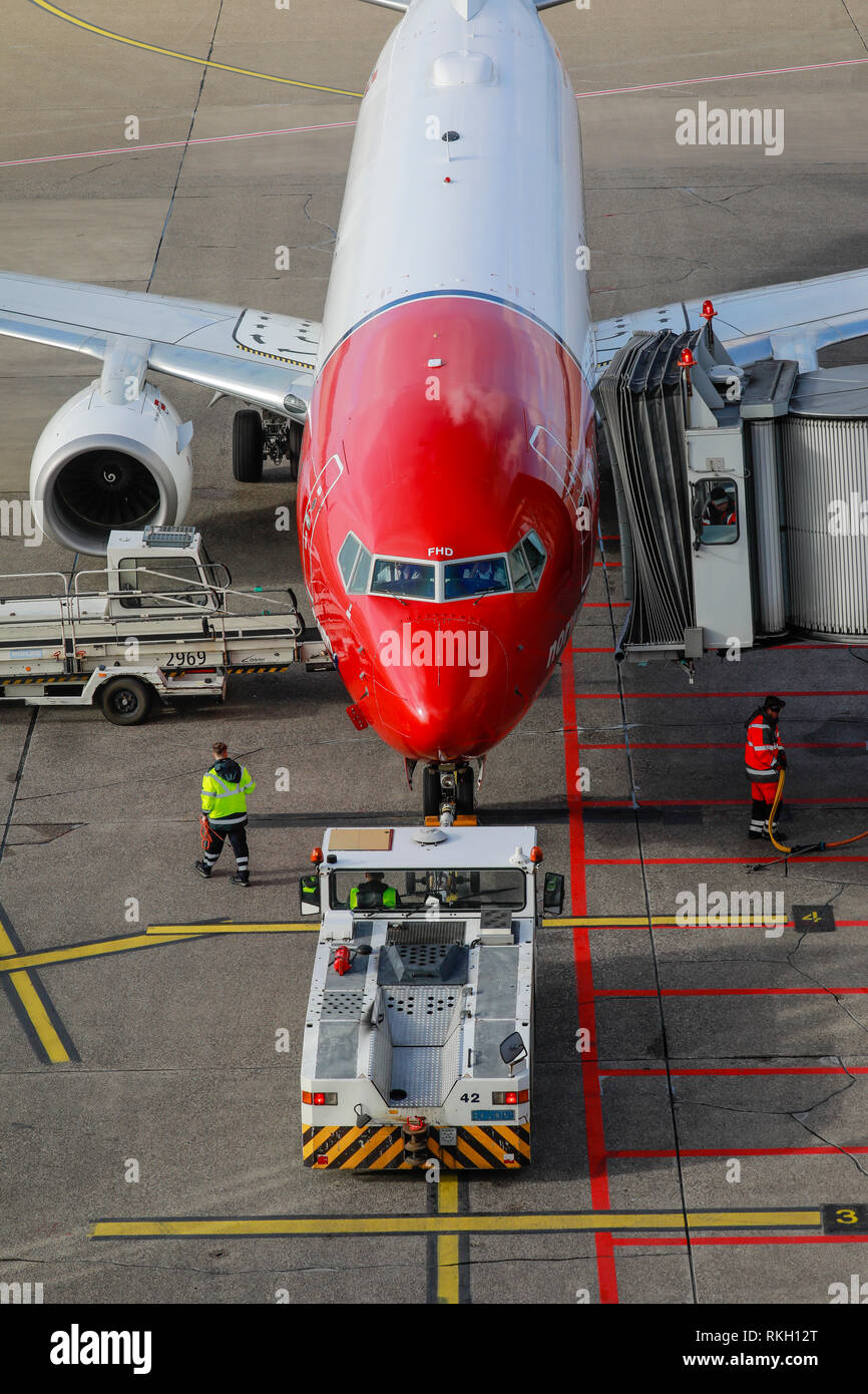 Duesseldorf, North Rhine-Westphalia, Germany - Norwegian Air Shuttle aircraft parked at Gate, Duesseldorf International Airport, DUS Duesseldorf, Nord Stock Photo