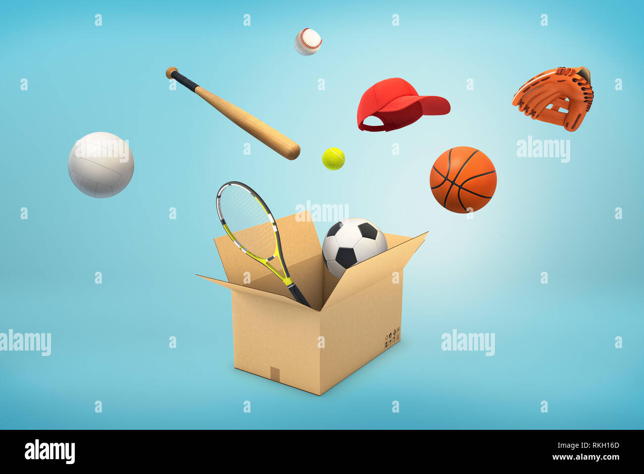 3d rendering of a carton box with different sport balls, bats and caps flying in or out of it. Stock Photo