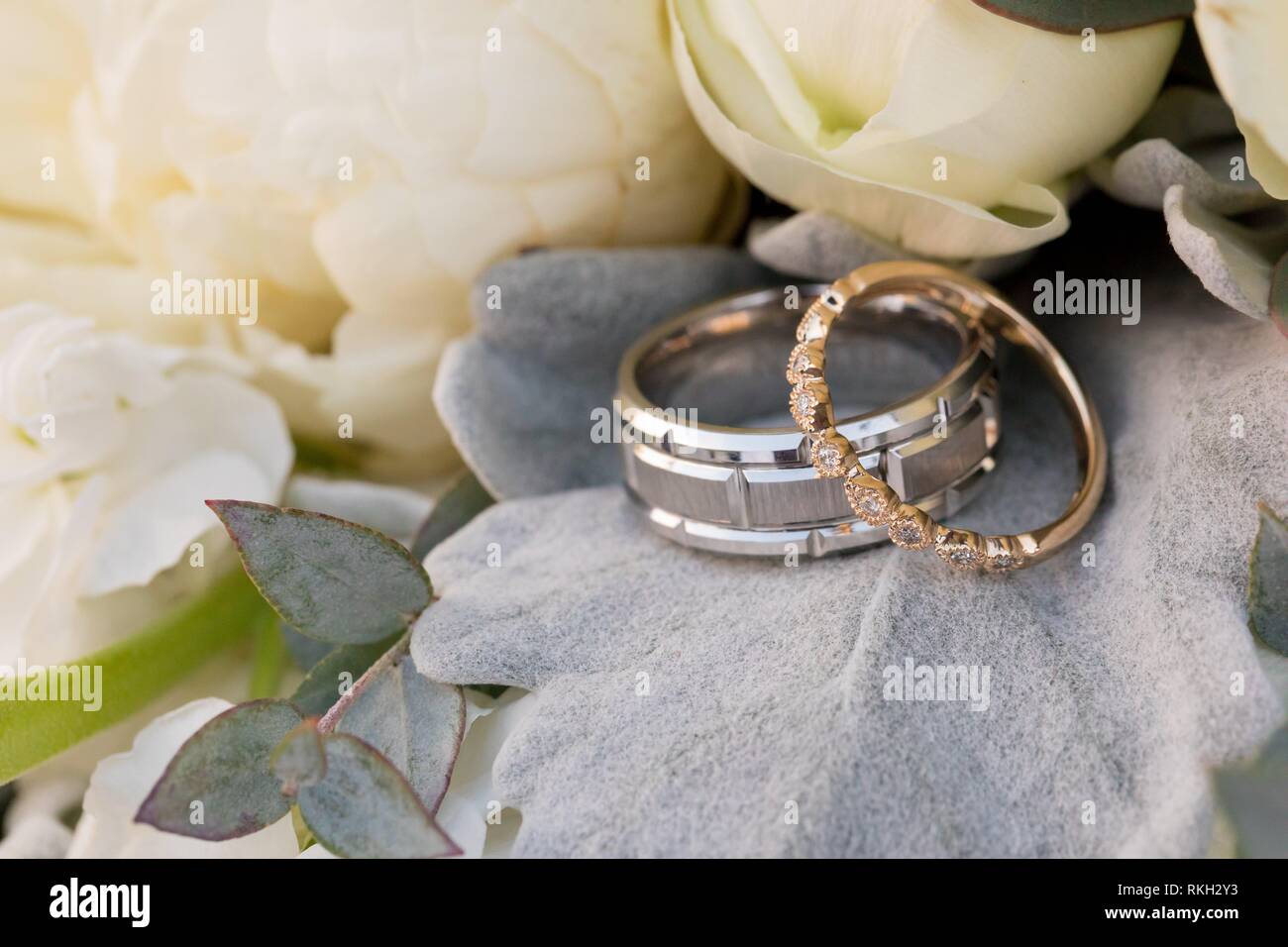 Wedding Rings On The Bouquet Of A Bride At Her Wedding Reception