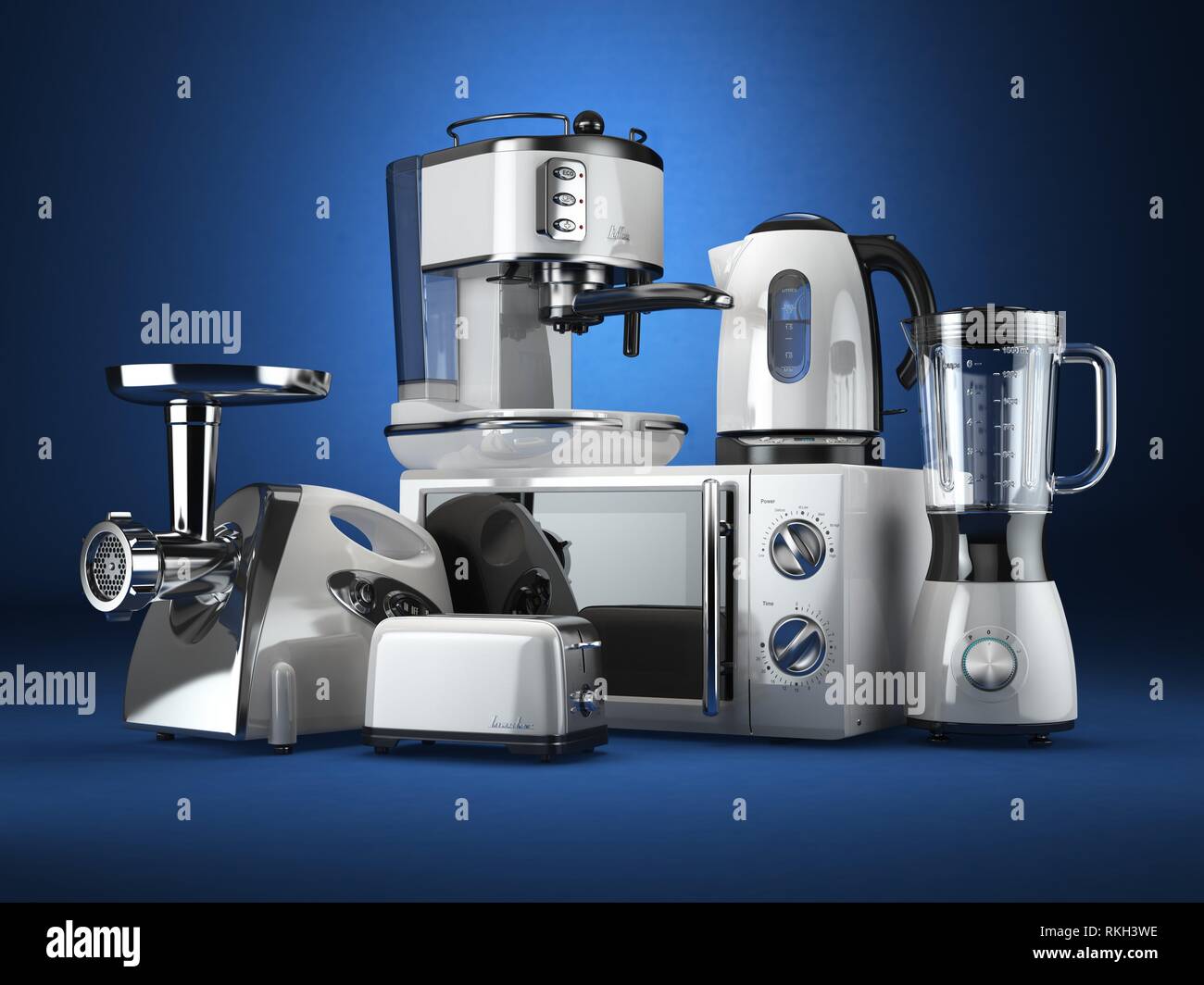 Kitchen appliances. Blender, toaster, coffee machine, meat ginder, microwave  oven and kettle. 3d Stock Photo - Alamy