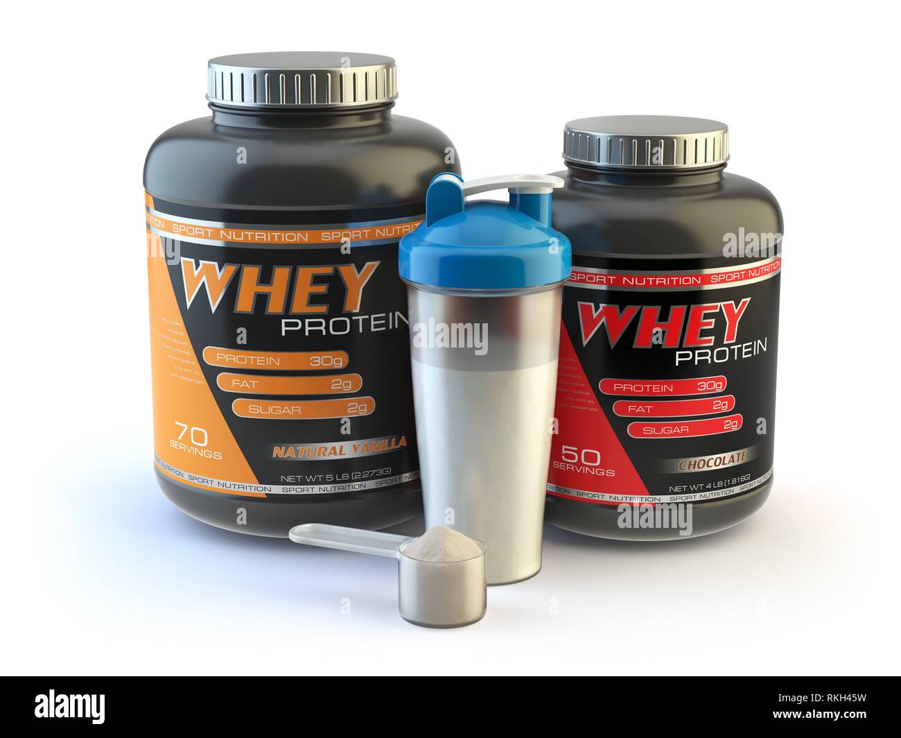 Sport nutrition, whey protein powder for bodybuilding with plastic jars and  shaker isolated on white. 3d illustration Stock Photo - Alamy