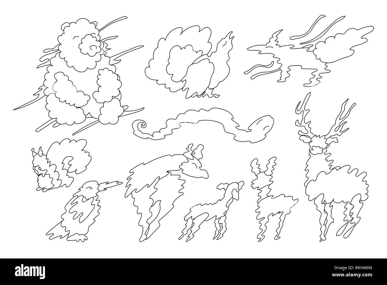 vector animal shaped cloud. Black white linear set Stock Vector