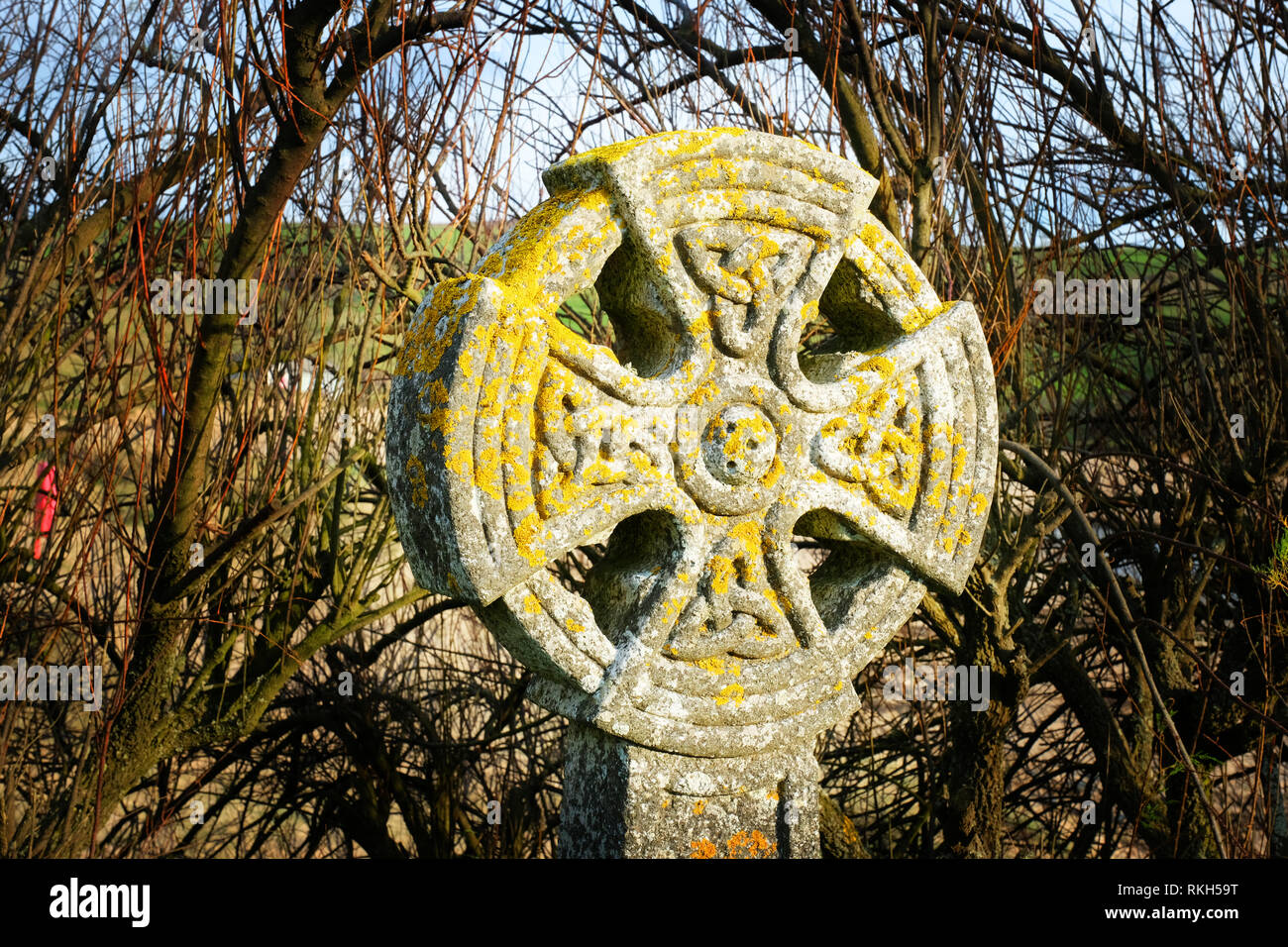 A lichen covered granite Celtic cross in Gunwalloe churchyard on the Lizard Peninsula, Cornwall, UK - John Gollop Stock Photo