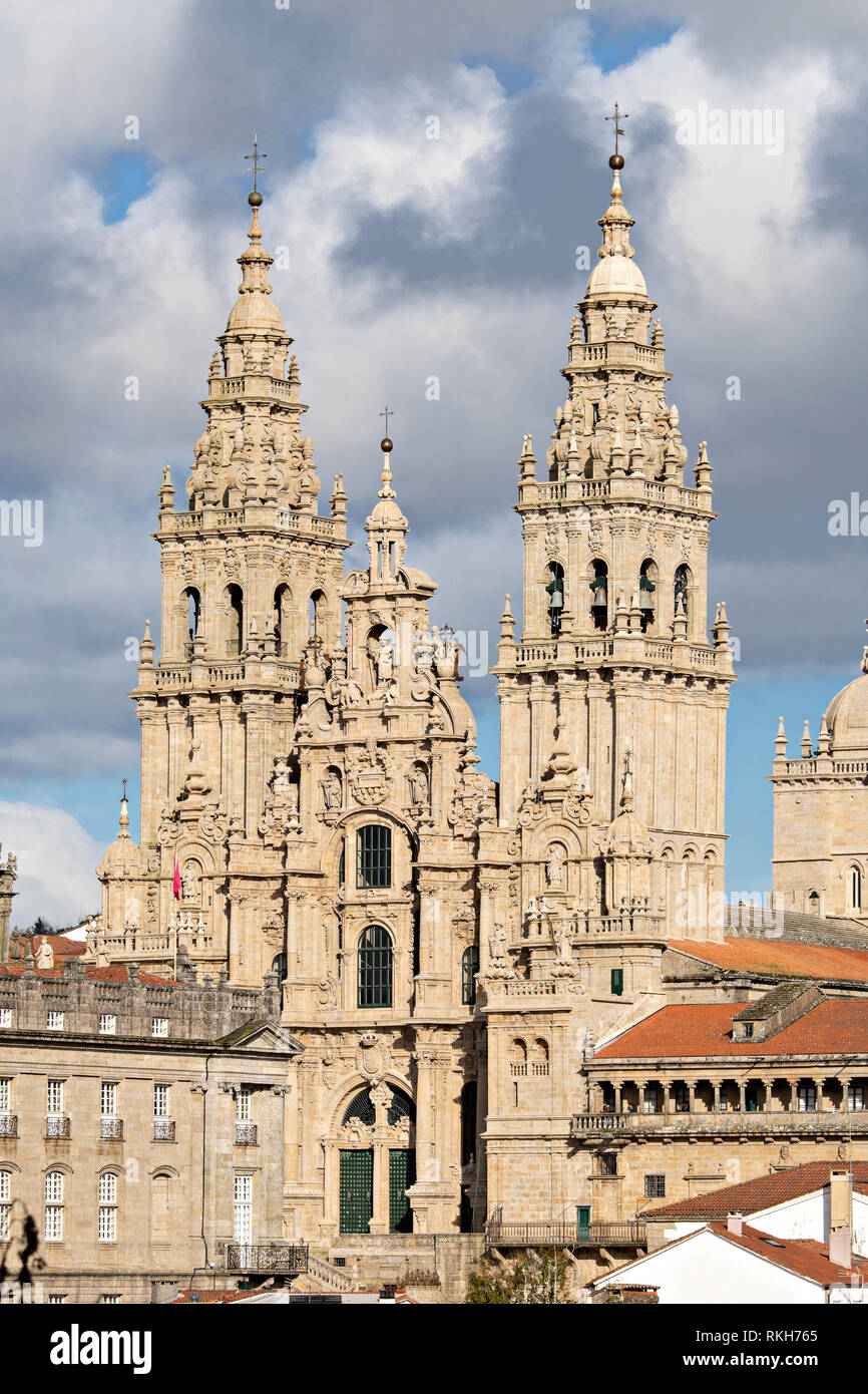 Cathedral of Santiago de Compostela with a new restored facade. Baroque facade architecture. Pilgrimage destiny of St. James way Santiago Galicia Spai Stock Photo