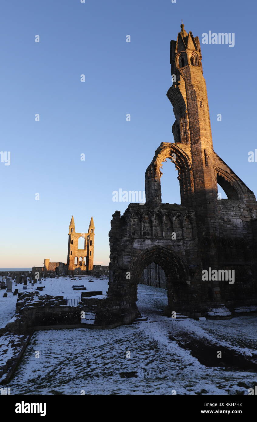Ruin of St Andrews cathedral at dusk with snow Scotland  February 2019 Stock Photo