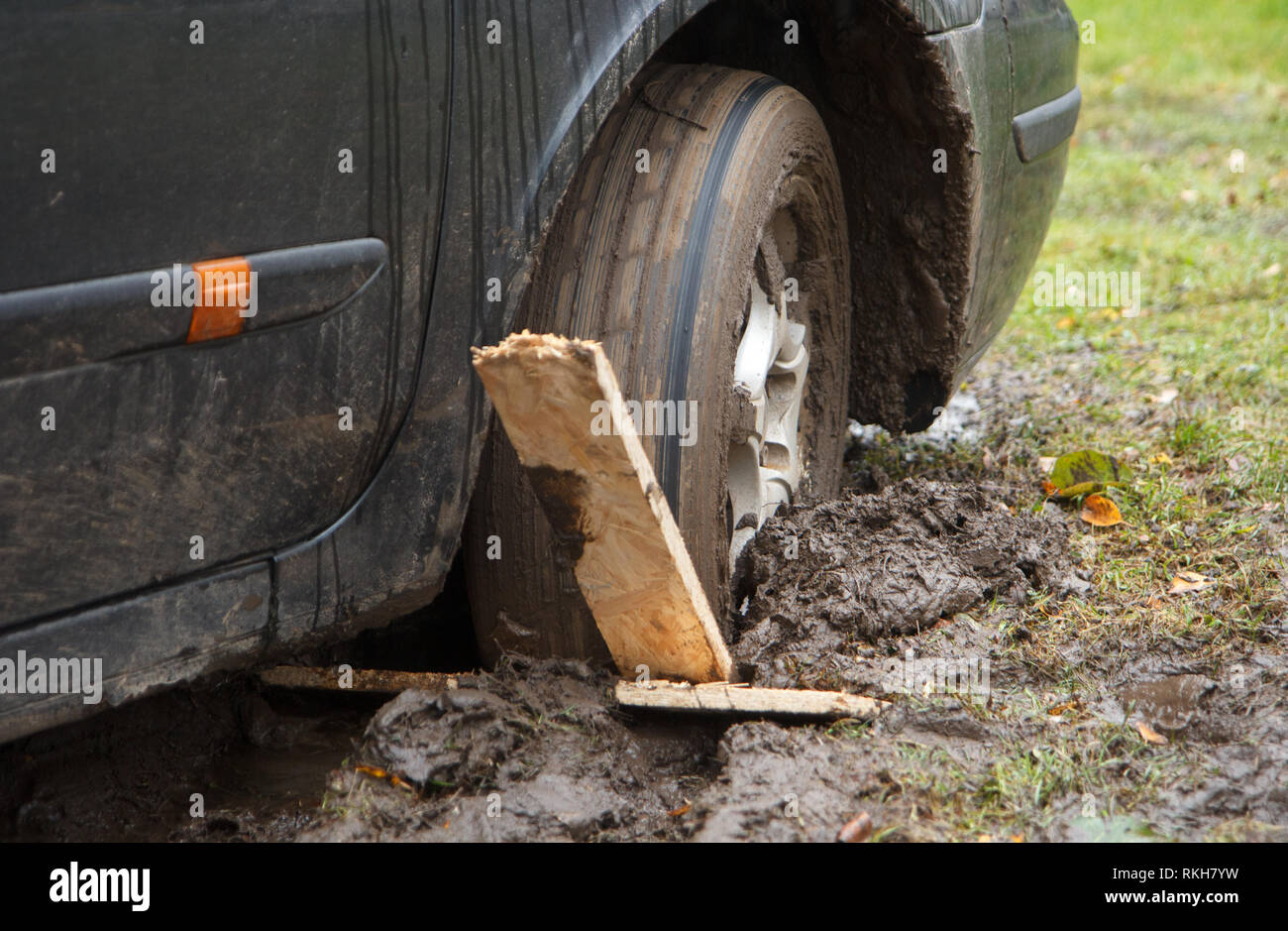 car wheel stuck in a mud. Stock Photo