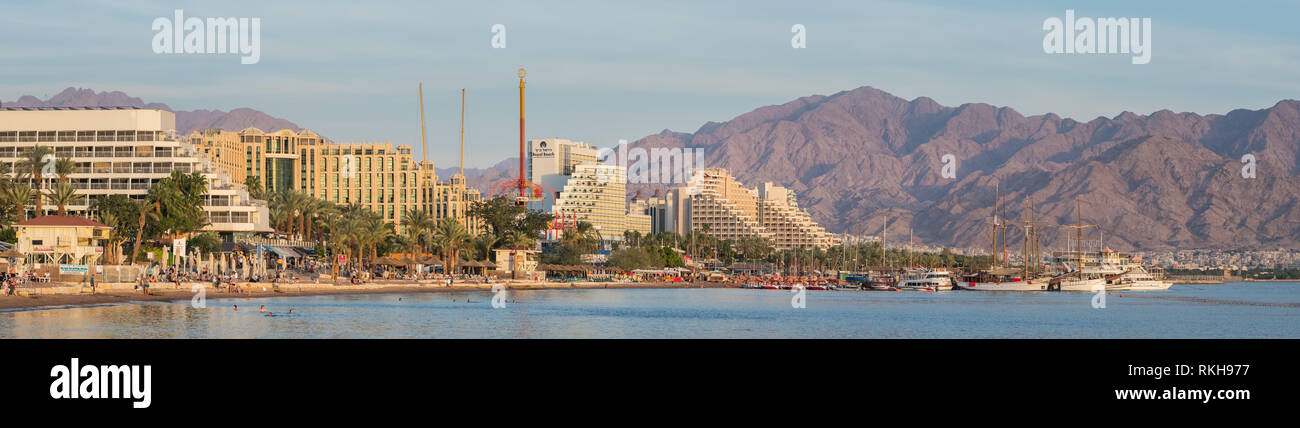Eilat, Israel - November 28, 2018: Panorama view of Eilat seafront. Eilat is a famous resort city on the red sea in Israel Stock Photo
