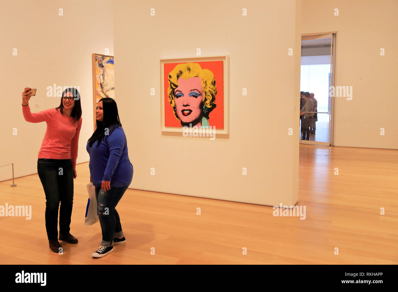 Visitors taking selfies in front of Andy Warhol's Shot Orange Marilyn (1964) in Art Institute of Chicago.Chicago.Illinois.USA Stock Photo