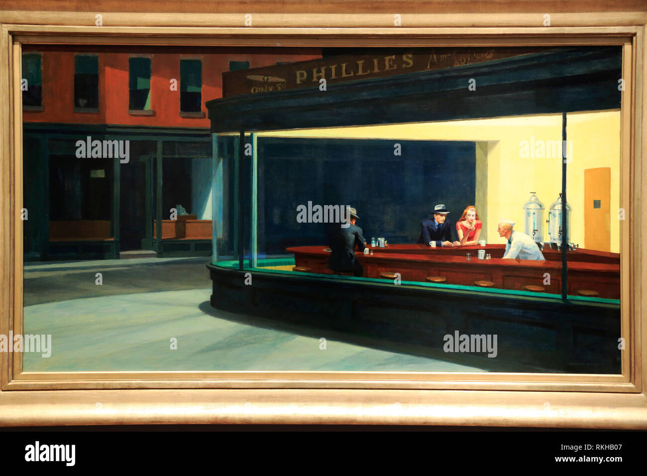 A closed up view of Nighthawks (1942) by Edward Hopper's display in Art Institute of Chicago.Chicago.Illinois.USA Stock Photo