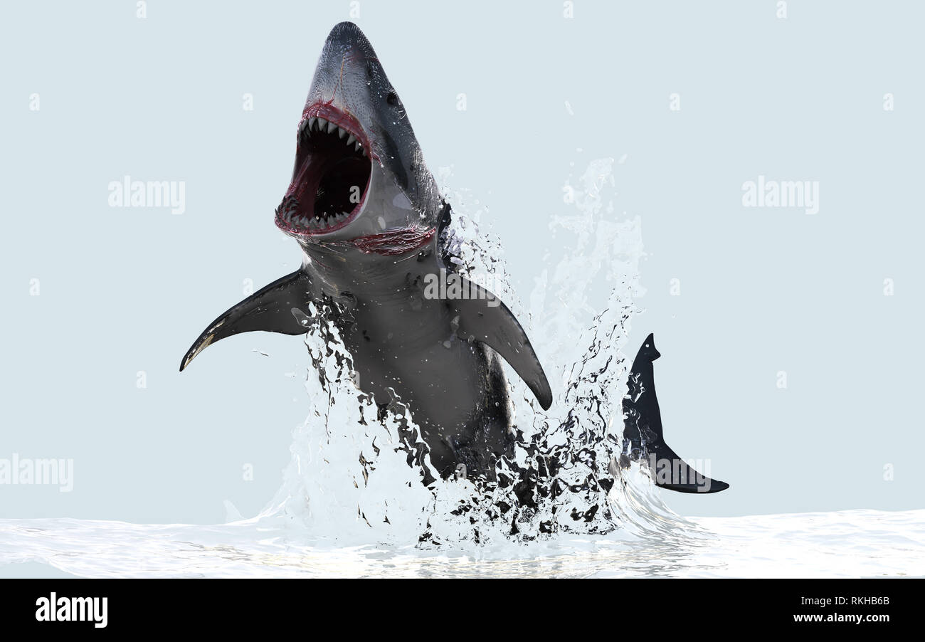 3d Illustration Great White Shark Jumps Out of The Water with Clipping Path Stock Photo