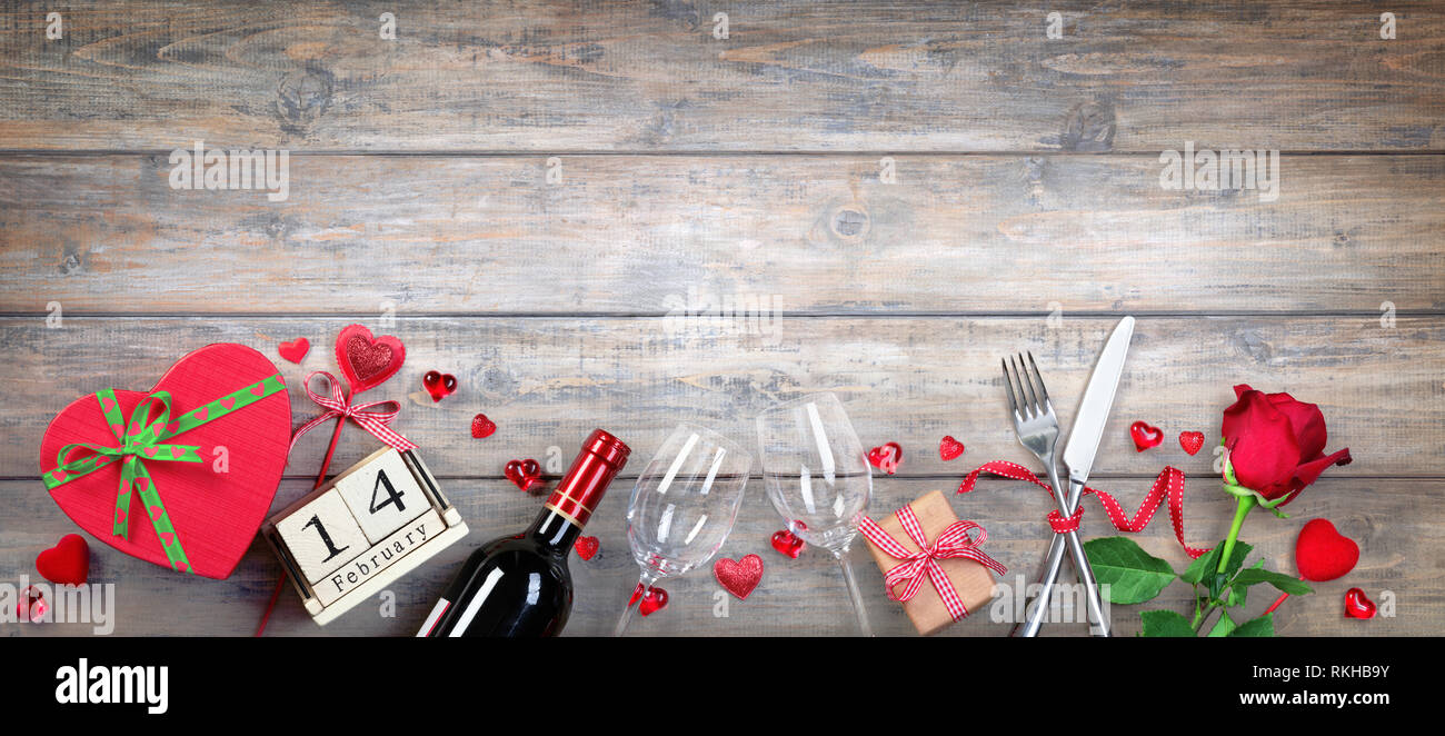 Valentines Day Banner - Glasses Bottle And Gift On Wooden Plank Stock Photo