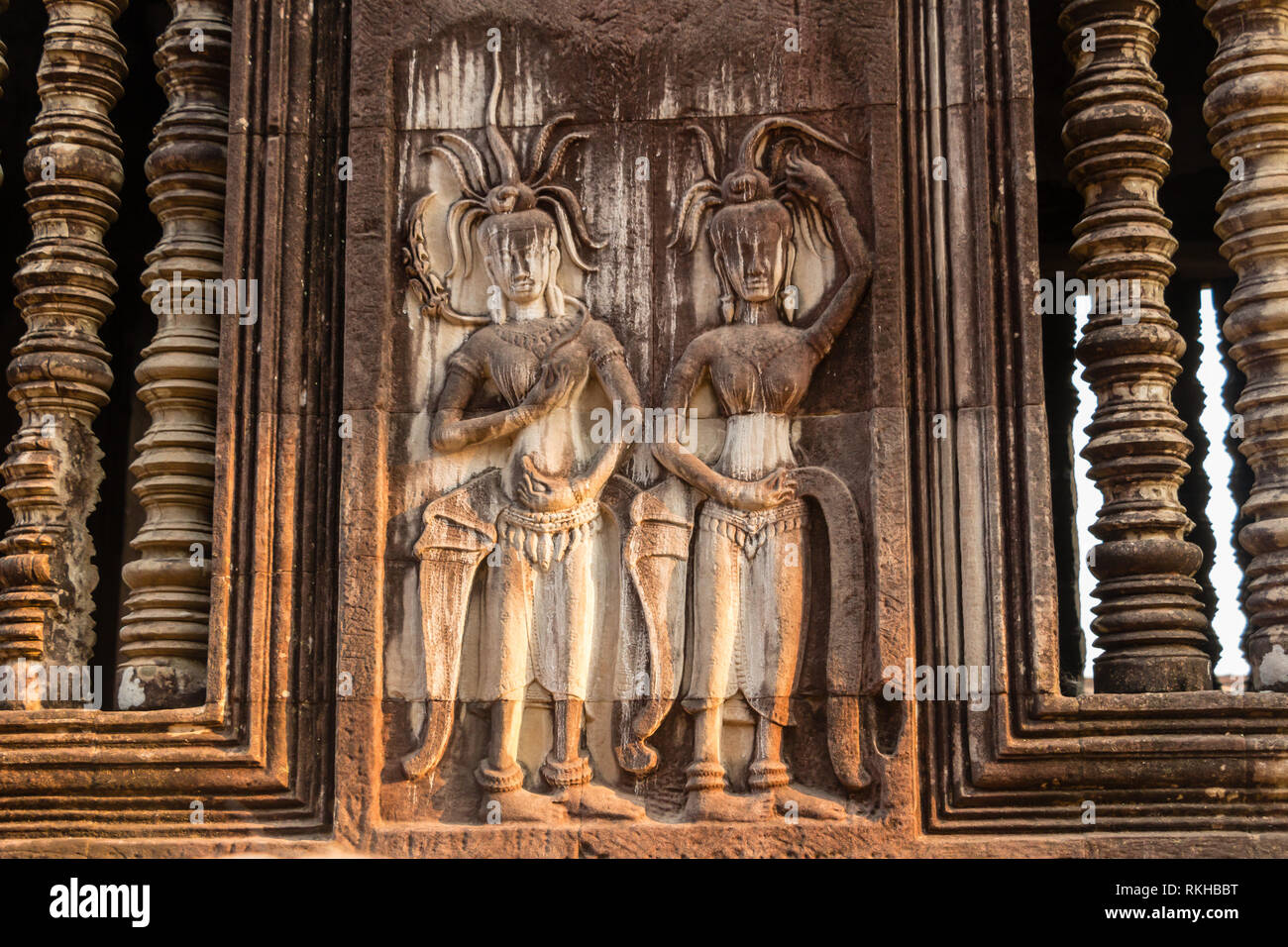 Ruins, temples and statues  at sunrise depict  Khmer Culture at Ta Prohm, Angkor Wat ,  UNESCO  World Heritage Site, iSiem Reap,Cambodia, Asia Stock Photo