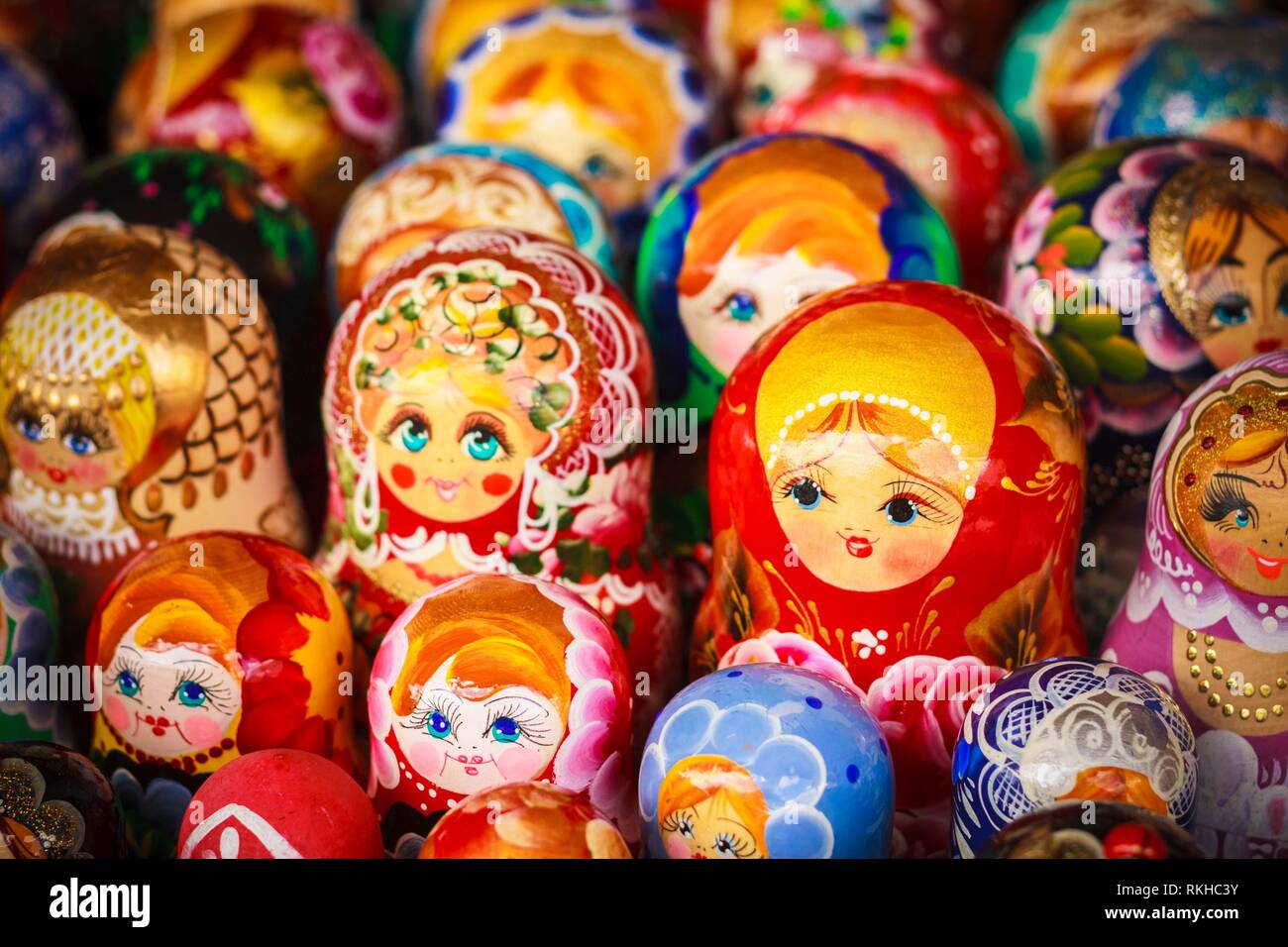 Colorful Russian Nesting Dolls Matreshka At The Market. Matrioshka