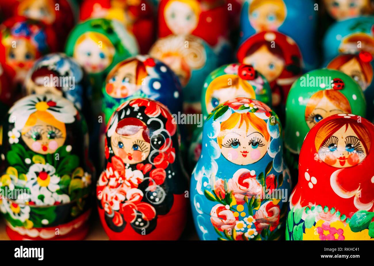 Colorful Russian Nesting Dolls Matreshka At The Market. Matrioshka