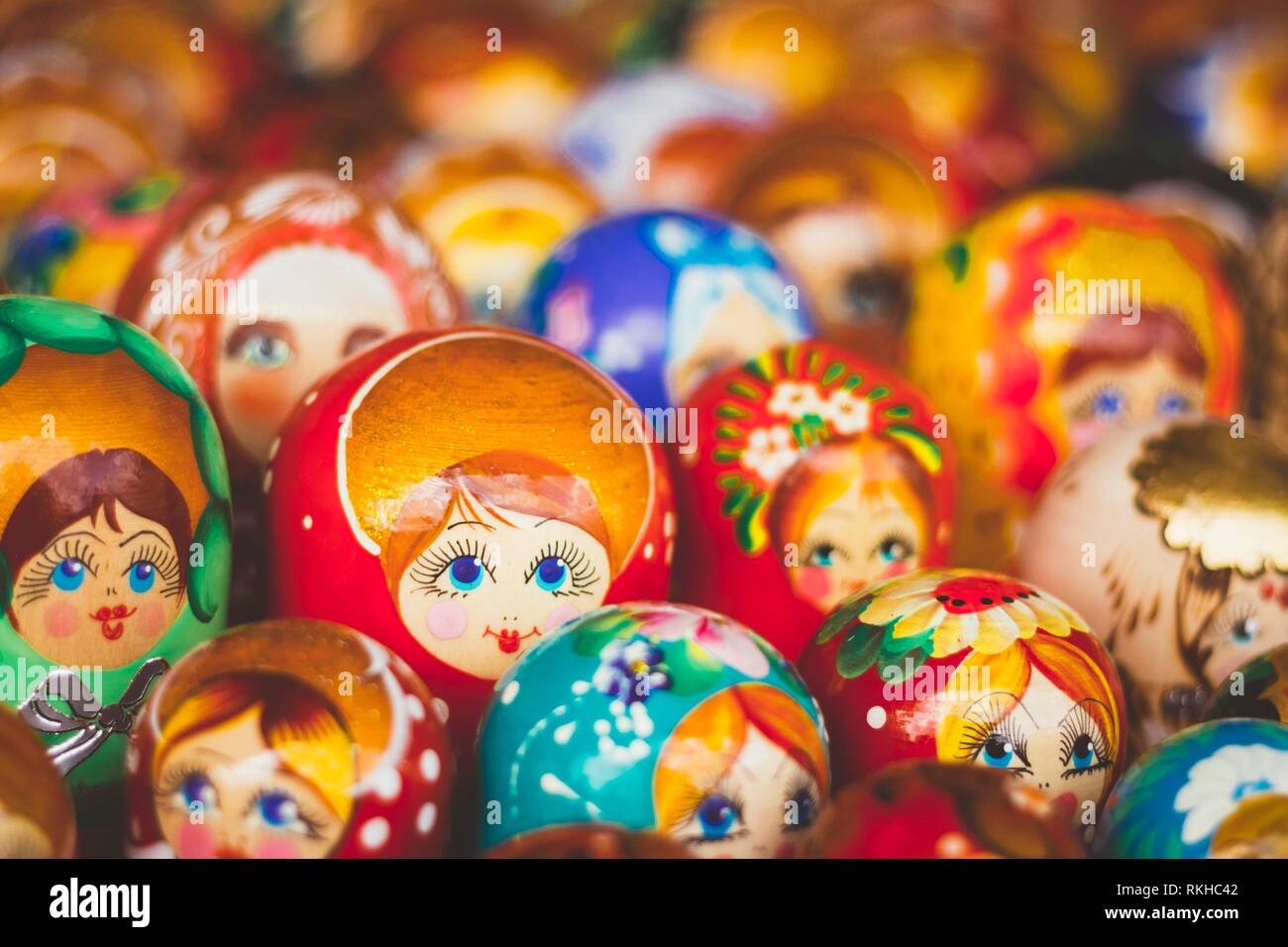 Colorful Russian Nesting Dolls Matreshka At The Market. Matrioshka