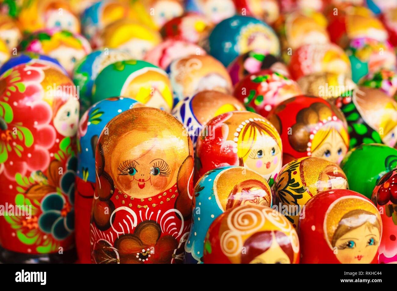 Colorful Russian Nesting Dolls Matreshka At The Market. Matrioshka