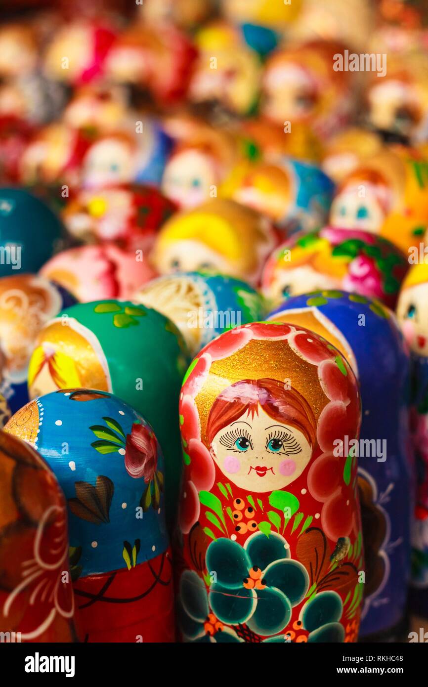 Colorful Russian Nesting Dolls Matreshka At The Market. Matrioshka
