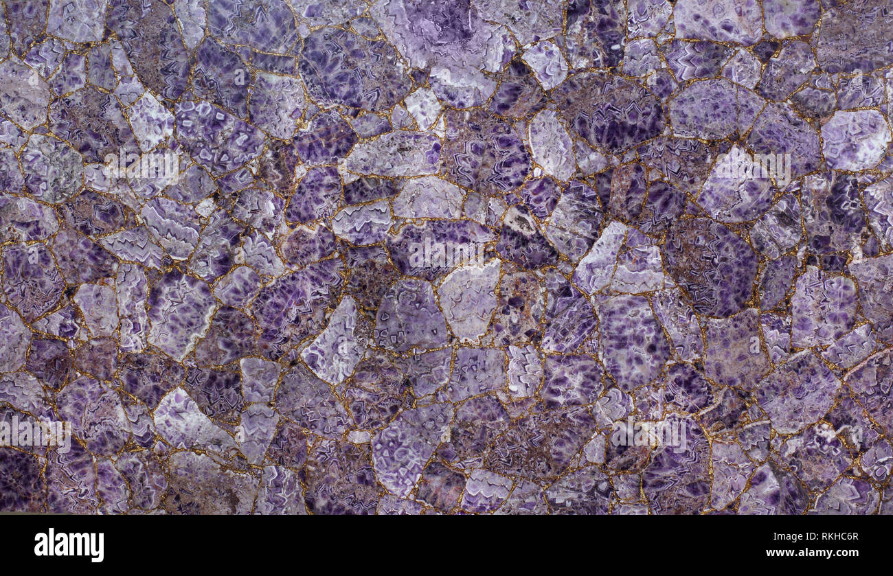 Natural purple amethyst, large slab of glued parts. Stock Photo