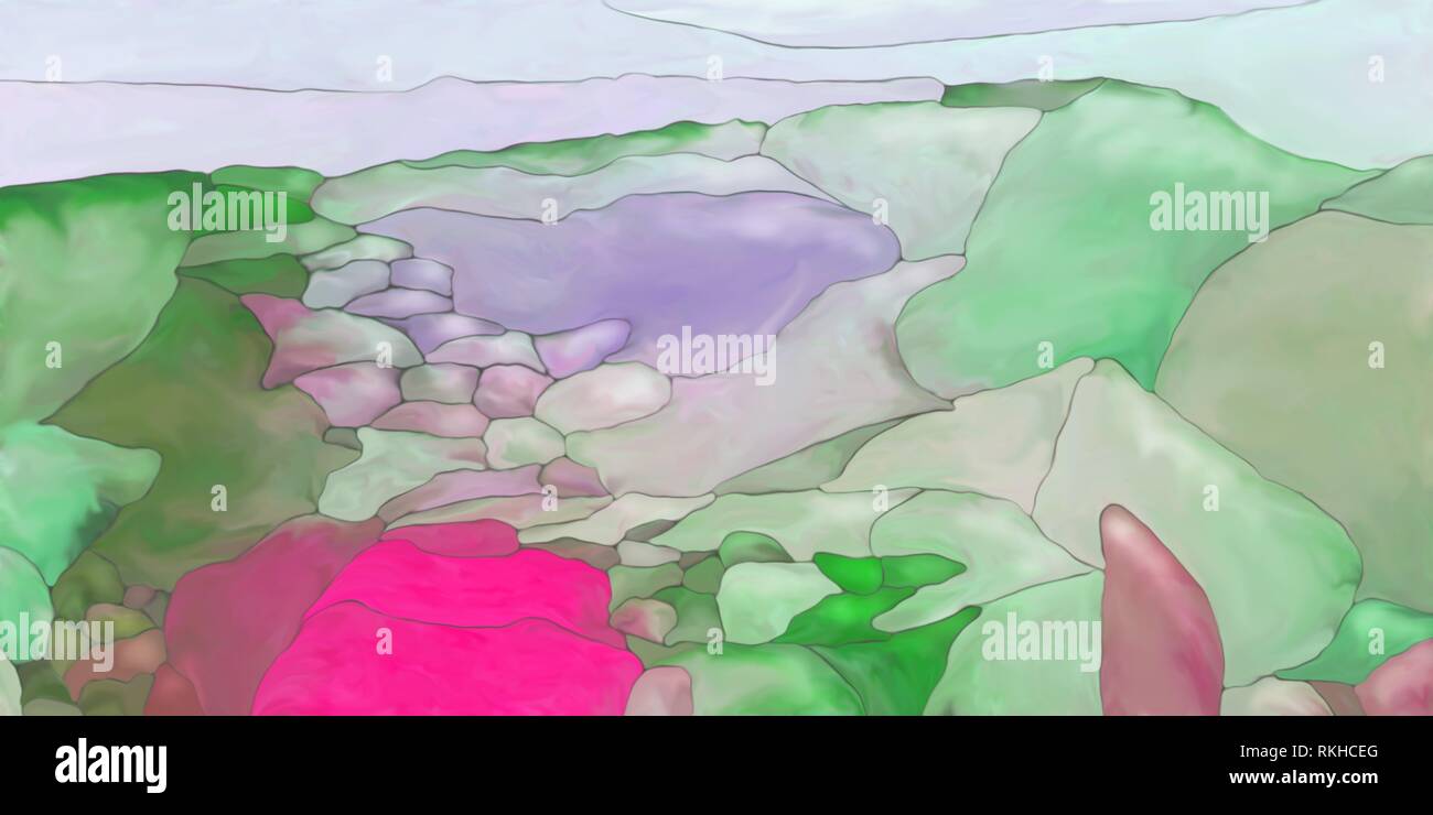 Abstract digital painted fantasy landscape or background texture with lines and fields in purple pink and green. Stock Photo