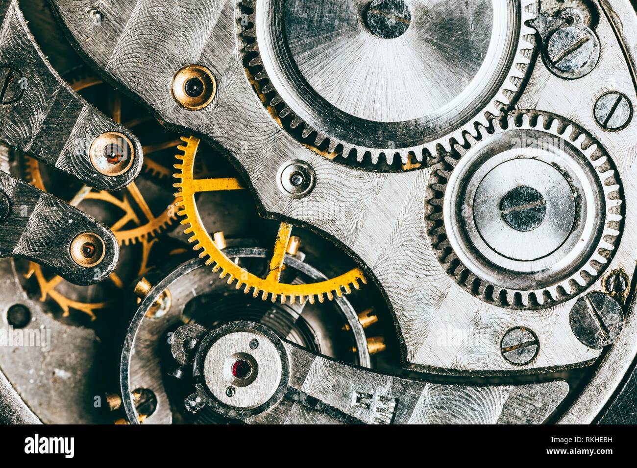 Clockwork Background. CloseUp Of Old Clock Watch Mechanism With Gears