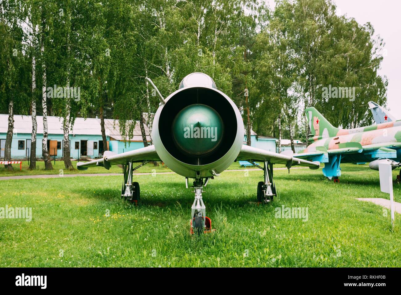 Old Russian Soviet Supersonic Military Plane Aircraft Fighter-bomber Stands At Aerodrome. Stock Photo