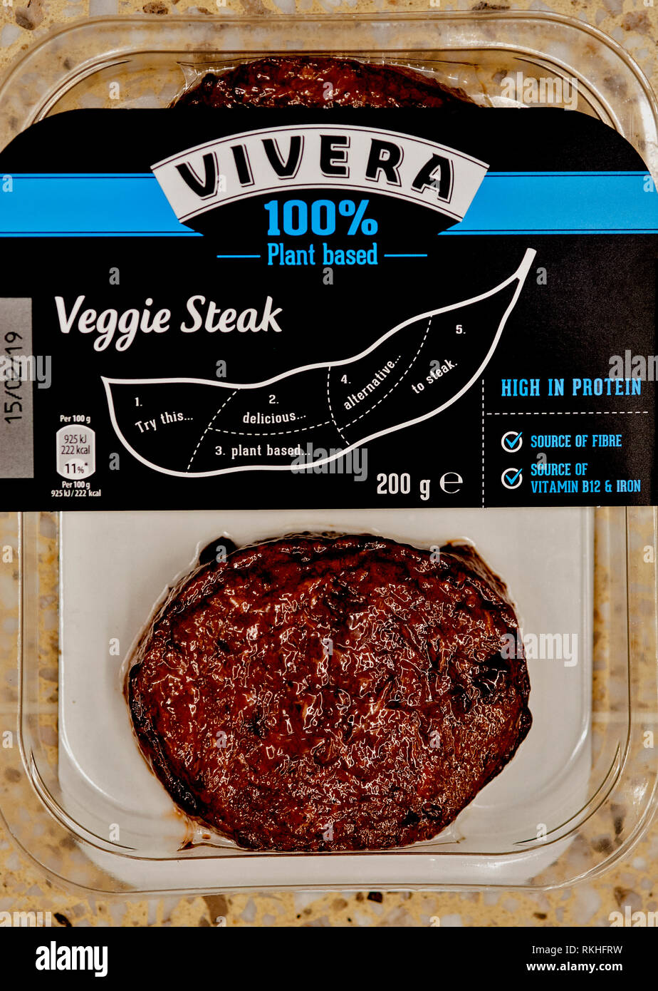Veggie steaks, Tesco supermarket, Hove, England, 2019. New vegan meat-free steaks are becoming more popular in British supermarkets. Stock Photo